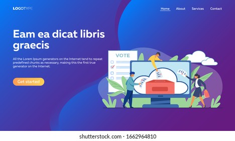 Online- oder elektronische Abstimmung. Wähler werfen Formulare in die Wahlurne auf dem Bildschirm flach Vektorillustration Abbildung. Wahlkampagne, Internet-Technologiekonzept für Banner, Website-Design oder Landing-Webseite
