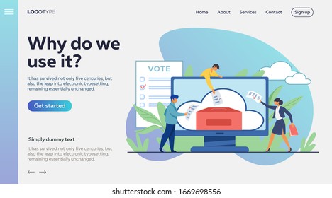 Online- oder elektronische Abstimmung. Wähler werfen Formulare in die Wahlurne auf dem Bildschirm flach Vektorillustration Abbildung. Wahlkampagne, Internet-Technologiekonzept für Banner, Website-Design oder Landing-Webseite