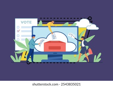 Votación en línea o electrónica. Votantes arrojando formularios a las urnas en una Ilustración vectorial plana. Campaña electoral, concepto de tecnología de Internet para Anuncio, diseño de Sitio web o página de Web de aterrizaje