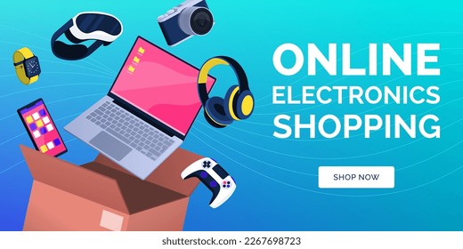 Online electronics shopping and delivery banner with devices and delivery box