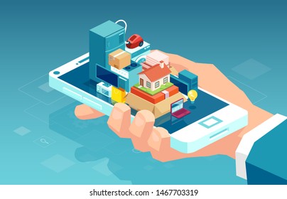 Online electronics shopping. Vector of a hand holding smartphone with home and kitchen appliances 