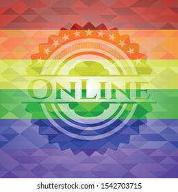 Online emblem on mosaic background with the colors of the LGBT flag