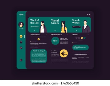 Online encyclopedia tablet interface vector template. Mobile app page night mode design layout. Word games screen. Flat UI for application. Fun internet learning. Portable device display