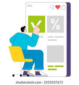 Online engagement concept. Businessman interacts with a digital interface, signaling approval. Modern marketing, user interface experience. Vector illustration.