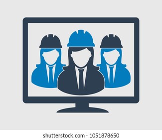 Online Engineer Team Icon. Female Symbols on computer monitor.