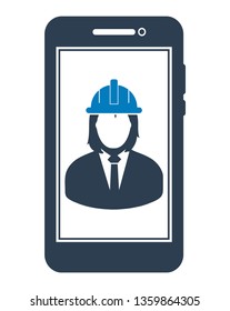 Online Engineering Service  Icon. Female Symbol on mobile screen. Flat style vector PES. 