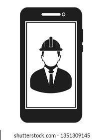 Online Engineering Service  Icon. Male Symbol on mobile screen. Flat style vector PES. 