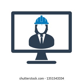 Online Engineering Service  Icon. Male Symbol on mobile screen. Flat style vector PES. 