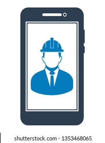 Online Engineering Service  Icon. Male Symbol on mobile screen. Flat style vector PES. 