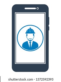 Online Engineering Service  Icon. Male Symbol on mobile screen. Flat style vector PES. 