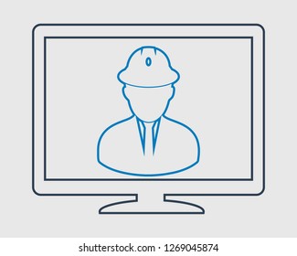 Online Engineering Service line Icon. Male Symbol on computer monitor.