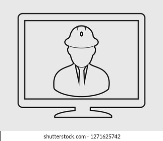 Online Engineering Service line Icon. Male Symbol on computer monitor.