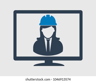 Online Engineering Support Icon. Male Symbol in Computer Monitor. 