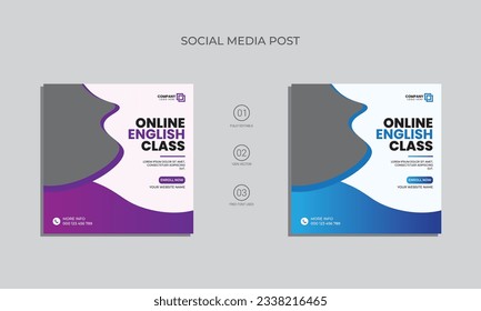 diseño de publicaciones en redes sociales de clase inglesa en línea. aprendizaje de inglés curso de marketing vectorial post y diseño de banner.