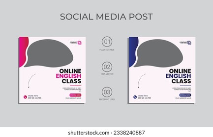 online english class social media post design. learning english course vector marketing post and banner design.