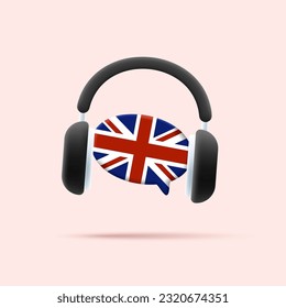 Icono digital 3d del curso en inglés en línea con auriculares alrededor de la burbuja de voz con bandera británica, icono de guía de audio