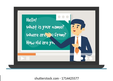 Online english courses vector isolated. Study foreign language remotely at home. Screen of the laptop, man teacher at the chalkboard.