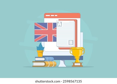 Online English Education Course Concept, PC Computer with Books, Flag, Trophy, Digital Marketing. Webinar, Digital Classroom, Online Teaching Metaphor. Illustration on Isolated Background.