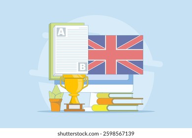 Online English Education Course Concept, PC Computer with Books, Flag, Trophy, Digital Marketing. Webinar, Digital Classroom, Online Teaching Metaphor. Illustration on Isolated Background.