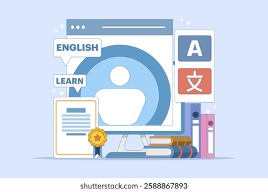 Online English education course with PC Computer, certificate frame, books, private tutor service, internet class, online teaching. Online tutorial. Digital marketing illustration.