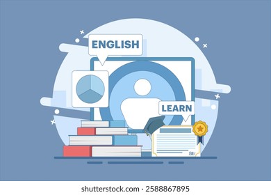 Online English education course with PC Computer, certificate frame, books, private tutor service, internet class, online teaching. Online tutorial. Digital marketing illustration.