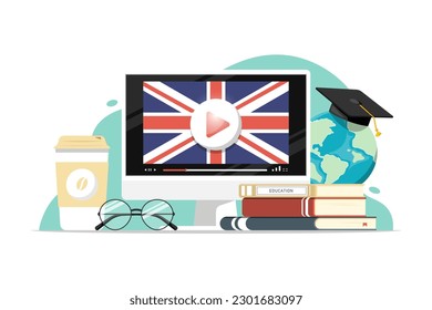 Online Englischunterricht, Computer PC mit Buch, Kaffee, Brille, Weltkarte auf isoliertem Hintergrund, Digital Marketing Illustration.