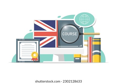Online English language education course, Computer PC with certificate frame, magnifying, flag, book on isolated background, Digital marketing illustration.