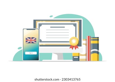 Online English language education course, Computer PC with certificate frame, book, smart phone on isolated background, Digital marketing illustration.