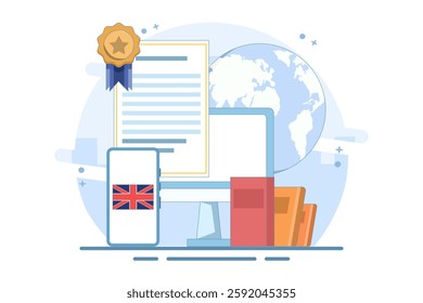 Online English language education course concept, PC computer with certificate frame, books, smartphone, translation, Language translation, digital marketing. Illustration on isolated background.