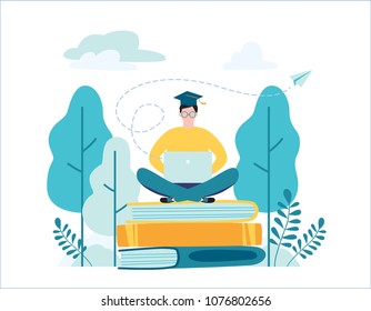 online english school vector illustration.
language courses concept.
male student graduate sitting on books with laptop surrounded by greenery.
flat cartoon character design for web banner background