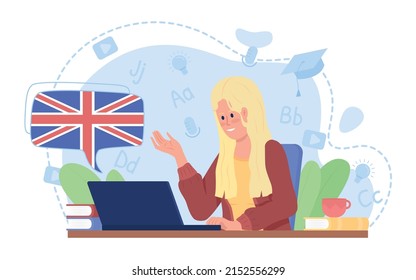 Online english speaking course 2D vector isolated illustration. Girl participates in video class flat character on cartoon background. Colourful scene for mobile, website. Patrick Hand font used