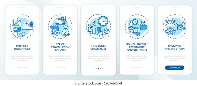 Online english teaching challenges onboarding mobile app page screen with concepts. Strict cancellation policy walkthrough 5 steps graphic instructions. UI vector template with RGB color illustrations