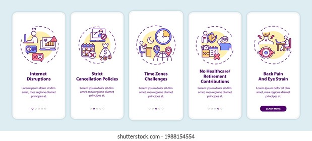 Online english teaching challenges onboarding mobile app page screen with concepts. Internet disruptions walkthrough 5 steps graphic instructions. UI vector template with RGB color illustrations