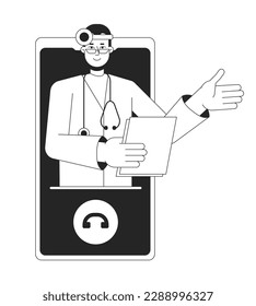 Online ENT doctor on phone bw concept vector spot illustration. Otolaryngologist 2D cartoon flat line monochromatic character for web UI design. Editable hero image for landing page, mobile header