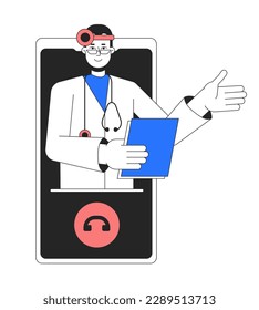 Online ENT doctor on phone flat line concept vector spot illustration. Otolaryngologist 2D cartoon outline character on white for web UI design. Editable hero image for website landing, mobile header