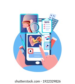 Online ENT-Diagnostic Touchscreen Mobile Application.Smartphone Ear,Nose,Throat Consultation.Tonsilis,Otitis,Larynx,Sinusitis Digital Treatment.ORL Clinic.Internet Diagnostics.Flat Vector Illustration