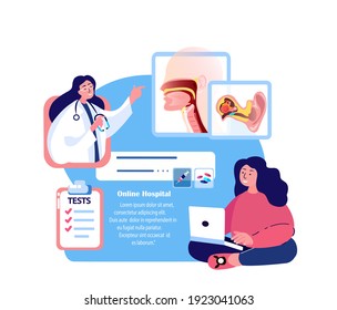 Online ENT-Doctor Consultate Patient.Inflammation Ear,Nose,Throat.Tonsilis,Sore Throat,Otitis,Larynx,Sinusitis Digital Treatment. ORL Clinic. Internet Medical Hospital Diagnostics. Vector Illustration