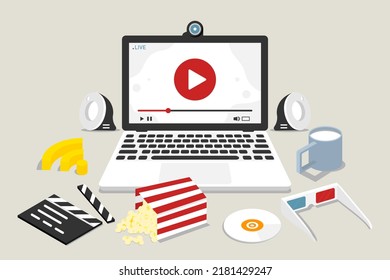 Online entertainment live video streaming on laptop, Digital marketing illustration.