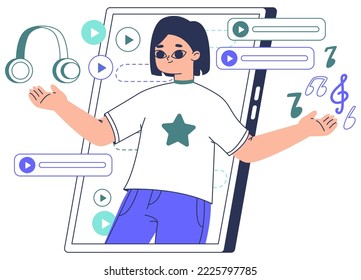 Online entertainment, music or podcast service. Girl on gadget screen provide service, entertainment web platforms app isolated flat vector illustration on white background
