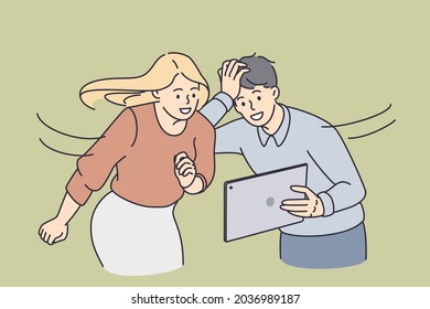 Online entertainment and technologies concept. Young smiling couple standing looking at tablet screen feeling excited amazed and interested vector illustration 