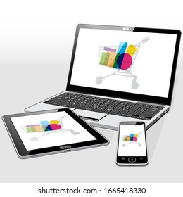Online e-retail (e-commerce) shopping presented on the 3 presented Mobile devices.
