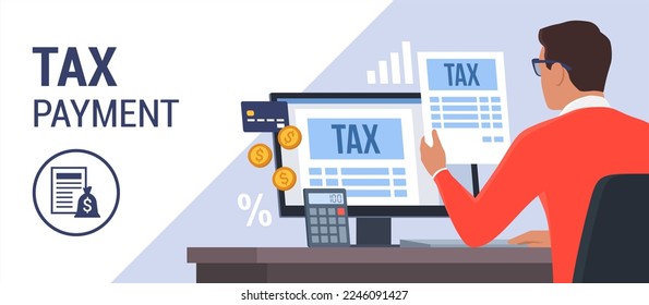 Online e-tax payment on computer: man checking tax forms on his computer and paying with a credit card