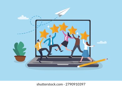 Online evaluation employee feedback, customer survey with stars review, or positive client quality service satisfaction, digital marketing score, people giving stars feedback online computer laptop.