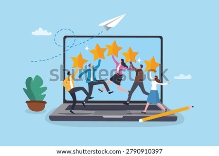 Online evaluation employee feedback, customer survey with stars review, or positive client quality service satisfaction, digital marketing score, people giving stars feedback online computer laptop.