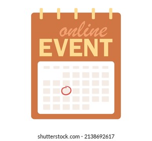 Online event calendar icon. Date circled on wall calendar. Vector flat illustration