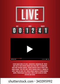  Online event illustration. Website template with video player interface, broadcast media channel, sharing movie content, streaming playing. Landing page design. Vector illustration.