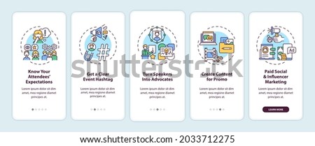 Online event marketing tips onboarding mobile app page screen with concepts. Expectations, hashtag walkthrough 5 steps graphic instructions. UI, UX, GUI vector template with linear color illustrations