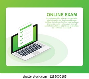 Online exam, checklist and pencil, choosing answer, questionnaire form, taking test. Vector stock illustration.