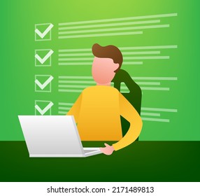 Online exam, checklist and pencil, choosing answer, questionnaire form, taking test. Vector illustration