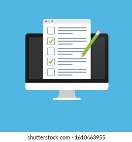 Online exam, checklist and pencil on the monitor screen, passing the test, choosing the answer, questionnaire form, education concept, stock vector flat illustration.10 eps.